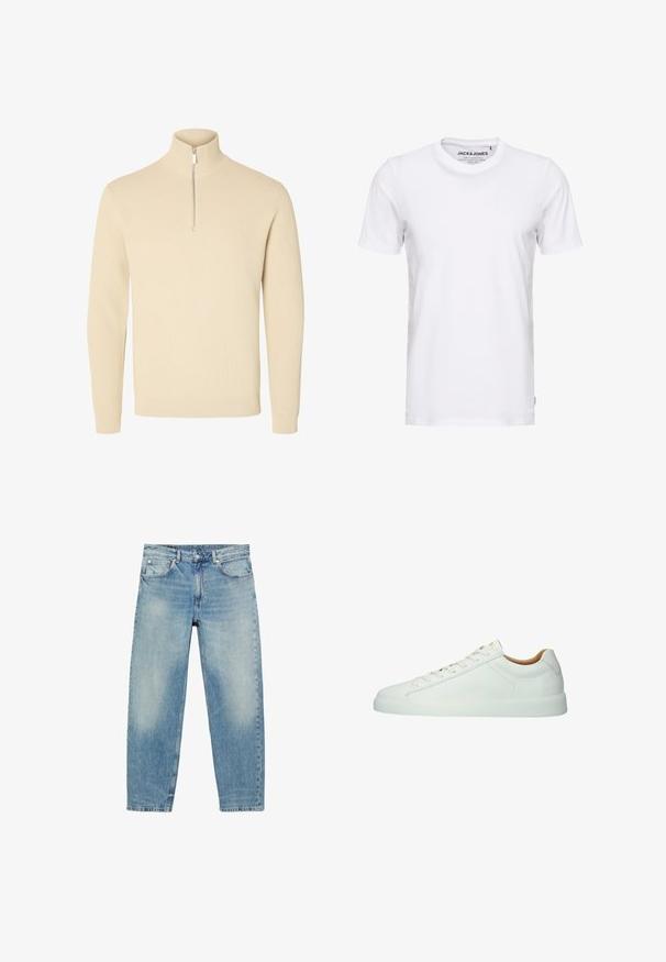 Beige gebreide trui met een hoge geribde kraag en een korte ritssluiting aan de voorkant, met lange mouwen en geribde manchetten en zoom.; Witte korte mouwen t-shirt van katoen, met een ronde hals en een eenvoudig ontwerp. Merktag zichtbaar op het nekgebied. Geen patronen of accenten.; Jeans met rechte pijpen van blauwe denim, met voorzakken en riemlussen, met lichte vervaagde details op dijen en knieën.; Witte leren sneaker met lage schacht, witte veters, subtiele stiksels en een vlakke rubberen zool, vanaf de zijkant weergegeven op een witte achtergrond.