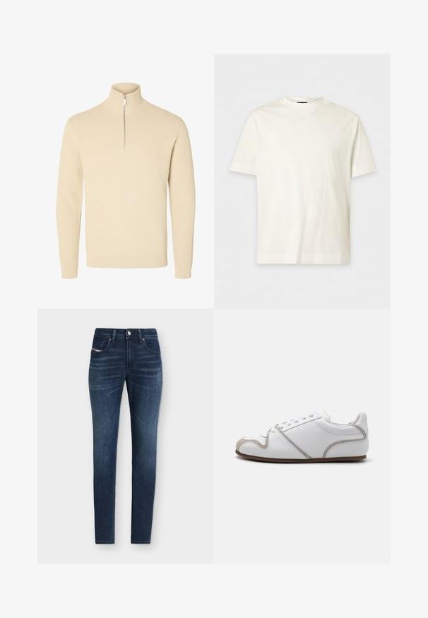 Beige gebreide trui met een hoge geribde kraag en een korte ritssluiting aan de voorkant, met lange mouwen en geribde manchetten en zoom.; Effen wit katoenen T-shirt met korte mouwen, ronde hals en een subtiel reliëflogo op de linkerborst.; Slim-fit donkerblauwe denim jeans met klassiek ontwerp met vijf zakken en subtiele vervaagde details op de dijen.; Witte sneaker met een glad leren bovenwerk, grijze suède accenten en een eenvoudig vetersysteem. Antislip bruine rubberen zool; minimalistische styling.