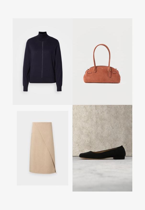 Marine krave sweater i blødt strikstof, med halv lynlås foran, lange ærmer og en tætsiddende kant. Minimalistisk design uden mønstre.; Beige knælang slå-om-nederdel med fint tekstureret stof og asymmetrisk frontoverlæg.; Sort ballerinasko svævende over beige tæppe med rundt brunt bord i baggrunden.; Lille brun ruskindshåndtaske med to skulderstropper og et Coach-logo vedhæng hængende nær håndtaget.