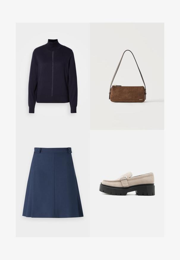 Marine krave sweater i blødt strikstof, med halv lynlås foran, lange ærmer og en tætsiddende kant. Minimalistisk design uden mønstre.; Marineblå A-linje nederdel lavet af glat stof, der har to dekorative knapper i taljen og subtile detaljer i sidesømmen.; Beige ruskindslipper med sølvspænde og tyk sort kraftig sål, set fra siden på hvid baggrund.; Lille rektangulær skuldertaske i brun ruskind med en tynd mørkebrun rem og guldfarvet lynlås, mærket "HUGO" i hjørnet.