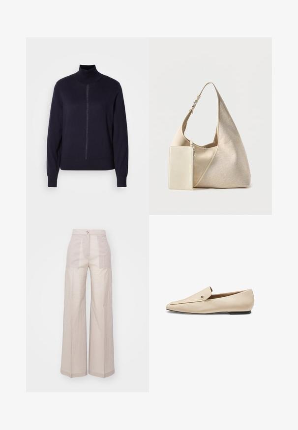 Navy turtleneck-neule pehmeästä neuleesta, jossa on puolivetoketju edessä, pitkät hihat ja istuva helma. Minimalistinen muotoilu ilman kuvioita.; Vaaleat leveät housut, jotka on valmistettu kevyestä kudotusta kankaasta. Niissä on korkea vyötärö, yksittäinen etunappi ja hillitty rakenne.; Beige nahkainen loafer, jossa on terävä kärki, musta litteä pohja ja pieni metallinen logodetalji lähellä yläreunaa.; Beigen värinen kangas-hobo-laukku, jossa säädettävä hihna ja kiinnitetty pieni suorakulmainen vetoketjullinen pikkulaukku saman värisenä.