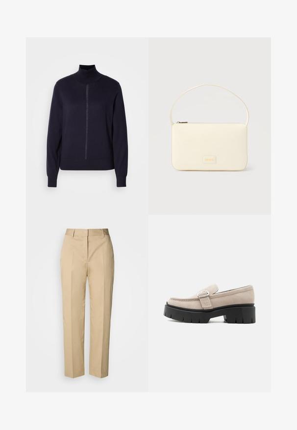 Marine krave sweater i blødt strikstof, med halv lynlås foran, lange ærmer og en tætsiddende kant. Minimalistisk design uden mønstre.; Beige bukser med lige ben, bæltestropper, forreste pres, og skjult lukning, vist mod en lys baggrund.; Beige ruskindslipper med sølvspænde og tyk sort kraftig sål, set fra siden på hvid baggrund.; Kremfarvet rektangulær håndtaske med en enkelt rem og lynlås øverst, med en lille præget logo-plakette foran.