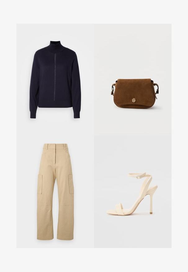 Marine krave sweater i blødt strikstof, med halv lynlås foran, lange ærmer og en tætsiddende kant. Minimalistisk design uden mønstre.; Beige cargo bukser lavet af bomuld, med høj talje, vide ben, to sidelommer og to store cargolommer på lårene.; Beige højhælede sandaler med en slank ankelrem og firkantet tå. Glat syntetisk materiale, minimalistisk design og stiletto-hæl.; Brun ruskind skuldertaske med klaplukning, gyldent logo detalje og justerbar skulderrem, med en glat tekstur og afrundet form.