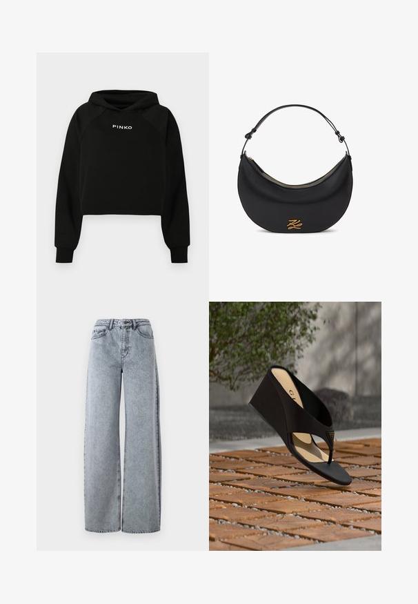 Zwarte cropped hoodie met een capuchon en trekkoorden, voorzien van een witte "PINKO"-logo over de borst. Gemaakt van zachte stof met geribbelde manchetten.; Licht gewassen denim wijde pijpen jeans met een hoge tailleband, voorzien van voorzakken, riemlussen en contrasterende stiksels.; Zwarte sleehak sandaal met teenriem en gouden driehoekig logo-embleem, tentoongesteld boven een gestructureerde bakstenen ondergrond met groen en een muur op de achtergrond.; Zwart leren handtas in halvemaanvorm met verstelbare riem, gouden ritssluiting en goudkleurig gestileerd monogramdetail aan de voorkant.
