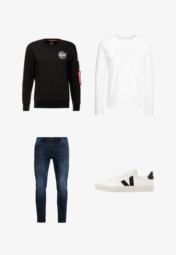 Alpha Industries NASA - Sweatshirt - schwarz; Langärmliges, weißes T-Shirt aus weicher Baumwolle. Rundhalsausschnitt mit geraden Saumabschlüssen und ohne sichtbare Muster oder Grafiken.; Dunkelblaue Denim-Jeans mit schmaler Passform, ausgestattet mit nährdetails, einem Knopfverschluss und fünf Taschen zur Aufbewahrung.; Weiße Leder-Sneaker mit schwarzen Wildlederelementen; verfügen über eine Gummisohle, eine runde Spitze und ein klassisches Schnürdesign. Seitliches Logo in Schwarz.