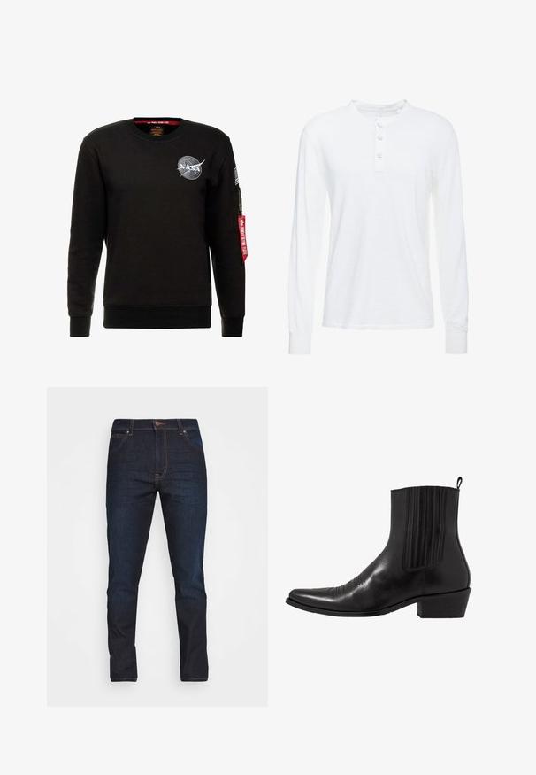 Alpha Industries NASA - Collegepaita - schwarz; Valkoinen pitkähihaisen henley-paita kevyestä kankaasta, jossa on pyöreä kaula-aukko, kolme nappia ja istuvat hihansuut.; Tummansiniset farkut, joissa on slim fit -malli, viisi taskua ja napitettava suljenta. Ominaisuuksiin kuuluu kontrastiväriset tikkaukset ja sileä pinta.; Musta nahkasaapas nilkkamalle, jossa on terävä kärki, joustavat sivupaneelit, pystysuorat ompeleet ja matala lohko korko.
