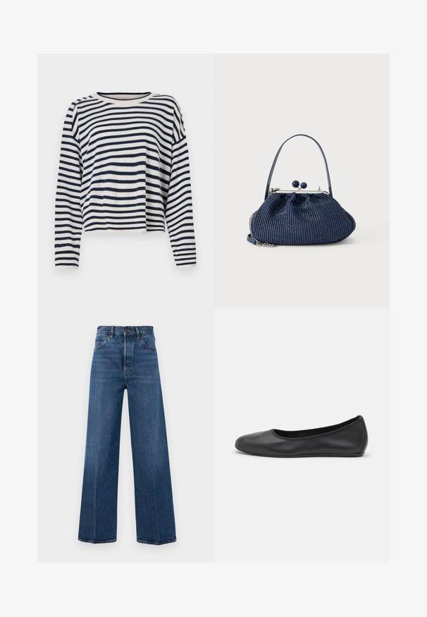 Baumwollpullover mit langen Ärmeln in Navy-Blau und Creme mit horizontalen Streifen, rundem Ausschnitt und cropped Design sowie gerippten Akzenten.; Helleblauwe High-Waist-Jeans mit weitem Bein aus Denim, mit Vordertaschen und Kontrastnähten. Der Stoff hat eine glatte Textur.; Schwarze Leder-Ballettschuhe mit abgerundeter Spitze, glatter Textur, minimalen Nähdetails und einem flexiblen Sohlen-Design.; Marineblaue Handtasche aus gewebtem Stoff mit rundem Verschluss, kurzem Griff und silbernem Kettendetail vor schlichter hellem Hintergrund.