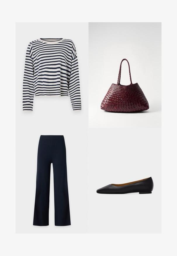 Suéter de manga larga de algodón con rayas horizontales en azul marino y crema, escote redondo y un diseño corto con acentos acanalados.; Pantalones negros de pierna ancha con cintura alta y sin cierres visibles, mostrados sobre un fondo blanco liso.; Zapato plano de punta puntiaguda de cuero negro con tacón bajo y acabado liso, mostrado de perfil sobre un fondo gris claro.; DRAGON DIFFUSION SANTA CROCE BIG - Bolso de mano - bordo