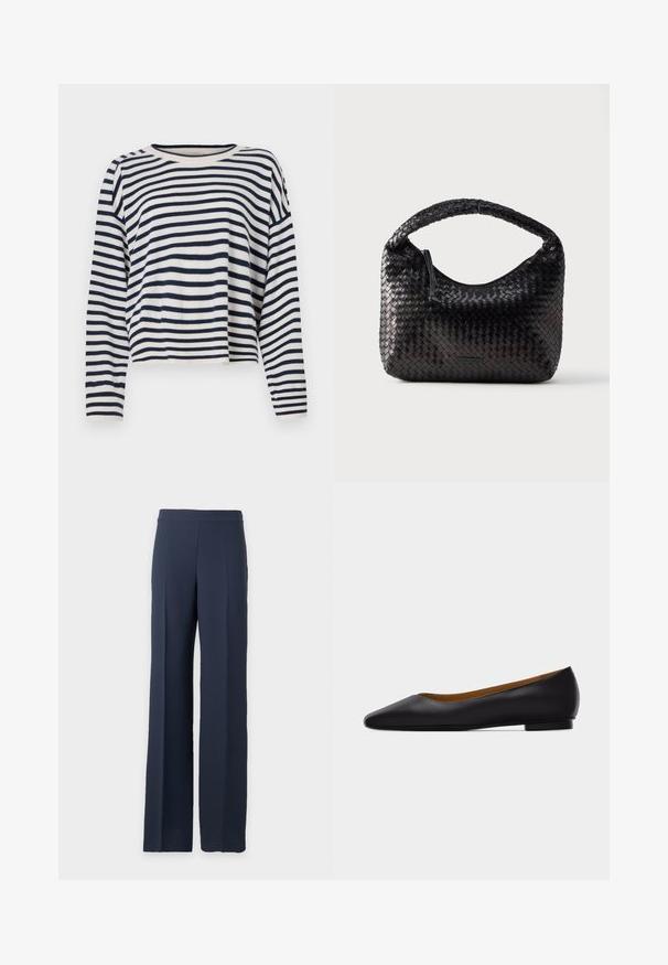 Suéter de manga larga de algodón con rayas horizontales en azul marino y crema, escote redondo y un diseño corto con acentos acanalados.; Pantalones de pierna ancha azul marino con cintura alta y frente limpio, mostrados sobre un fondo gris claro liso.; Zapato plano de punta puntiaguda de cuero negro con tacón bajo y acabado liso, mostrado de perfil sobre un fondo gris claro.; Bolso de mano de cuero negro trenzado con un asa curva, cierre de cremallera y textura suave. Diseño compacto con forma redondeada.