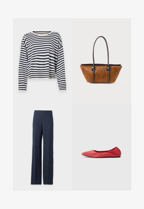 Pull en coton à manches longues avec des rayures horizontales bleu marine et crème, un col rond et un design court avec des accents côtelés.; Pantalon large bleu marine à taille haute avec un devant épuré, présenté sur un fond gris clair uni.; Filippa K REY FLATS - Ballerines - bright red; Sac en cuir texturé marron avec une forme trapézoïdale et de longues poignées tressées marron foncé sur un fond blanc.