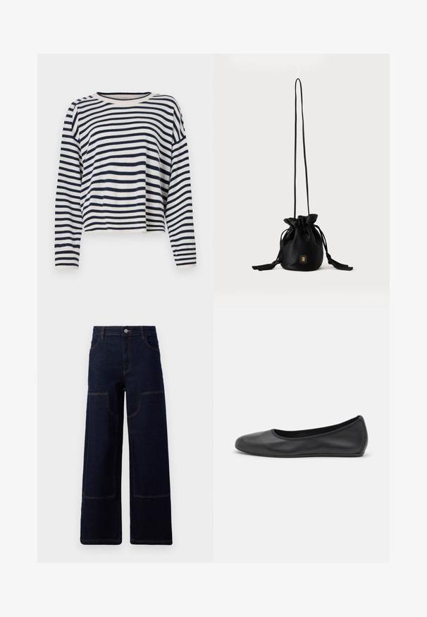 Baumwollpullover mit langen Ärmeln in Navy-Blau und Creme mit horizontalen Streifen, rundem Ausschnitt und cropped Design sowie gerippten Akzenten.; Dunkelblaue weit geschnittene Jeans mit aufgesetzten Vorder-Taschen und kontrastierenden orangefarbenen Nähten, Knopfverschluss an der Taille.; Schwarze Leder-Ballettschuhe mit abgerundeter Spitze, glatter Textur, minimalen Nähdetails und einem flexiblen Sohlen-Design.; Schwarze Bucket Bag mit Kordelzug, langem dünnem Riemen und kleinem goldenem quadratischem Logo vorne, vor einfachem Hintergrund präsentiert.
