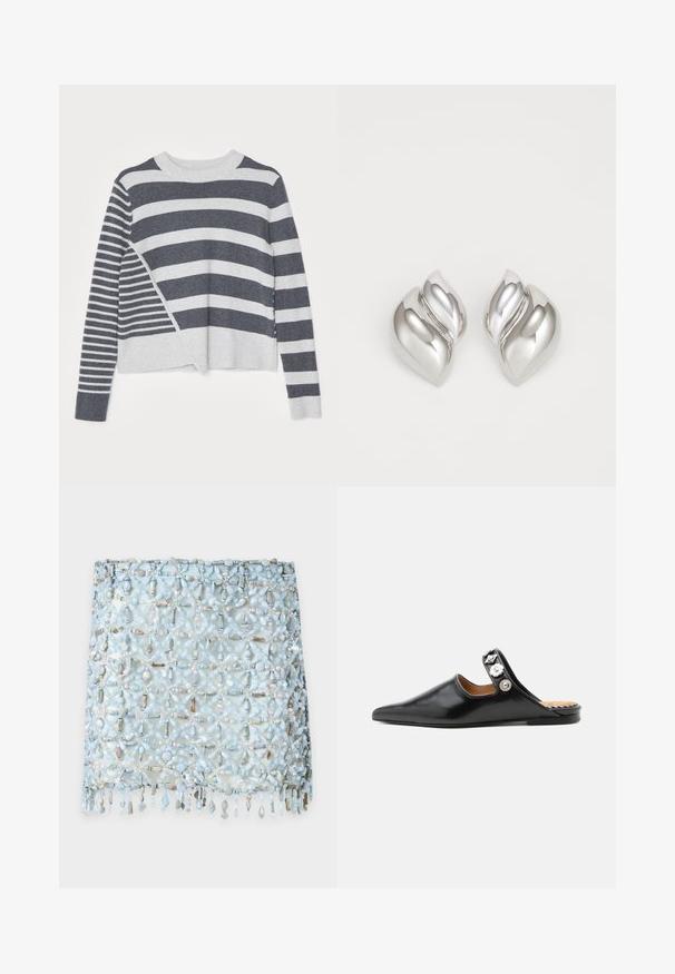 Pull rayé à col rond, présentant un mélange de rayures horizontales grises foncées et claires de largeurs variées, avec une texture douce.; Mini-jupe bleu clair perlée avec des embellissements en perles et coquillages formant un motif floral et des détails de perles pendantes à l'ourlet.; Mule en cuir noir pointue avec un petit talon et des boutons floraux argentés décoratifs sur une bride supérieure.; Boucles d'oreilles en argent avec une forme organique et abstraite. Surface lisse et brillante avec un design effilé. Présente des courbes subtiles et un détail central en ligne.