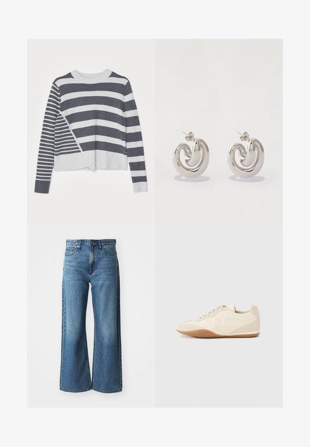Pull rayé à col rond, présentant un mélange de rayures horizontales grises foncées et claires de largeurs variées, avec une texture douce.; Jean en denim bleu à jambes larges avec une taille mi-haute, cinq poches et un léger dégradé. Caractéristiques : passants de ceinture et détails cousus.; Baskets beige clair avec une tige en cuir texturé, des panneaux latéraux texturés et une semelle en caoutchouc. Dotées d'un design fin et épuré ainsi que de lacets plats.; Boucles d'oreilles en métal argenté avec un design tourbillonnant, présentant des surfaces lisses et une finition polie, maintenues par un fermoir en papillon.