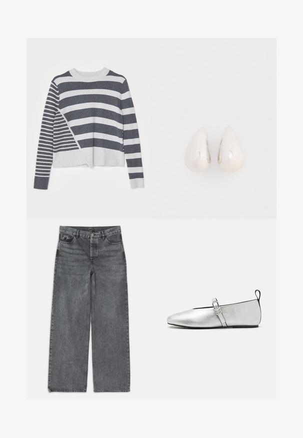 Pull rayé à col rond, présentant un mélange de rayures horizontales grises foncées et claires de largeurs variées, avec une texture douce.; Jeans large en denim gris foncé. Comprend une taille haute, un design à cinq poches et une fermeture à bouton à l'avant. Texture lisse avec un léger dégradé.; rag & bone SPIRE MARY JANE - Babies - silver; Boucles d'oreilles en métal argenté en forme de goutte, avec une surface lisse et réfléchissante, présentant un design sans couture et sans embellissements visibles.