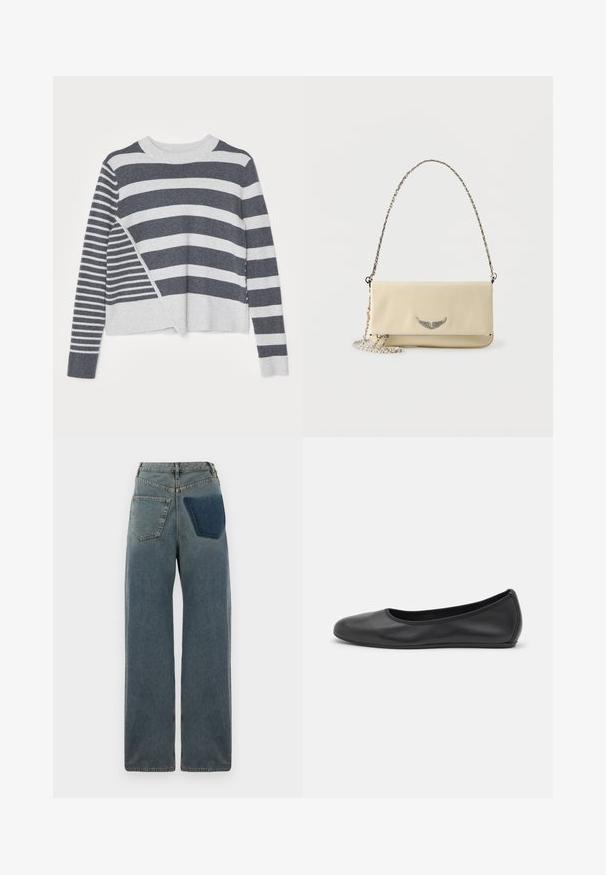 Stribet sweater med rund hals, der har en blanding af mørkegrå og lysegrå vandrette striber i varierende bredder og en blød tekstur.; Bredde ben jeans lavet af denim, med en lys blå vask, to baglommer og en lappelomme i en mørkere blå på højre side.; Sort læderballetsko med rund tå, glat tekstur, minimal syning og et fleksibelt såldesign.; Krydsbodytaske i cremefarvet læder med en sølvkæde som strop, der har en vingeformet metallisk logo foran og en lynlåslomme.