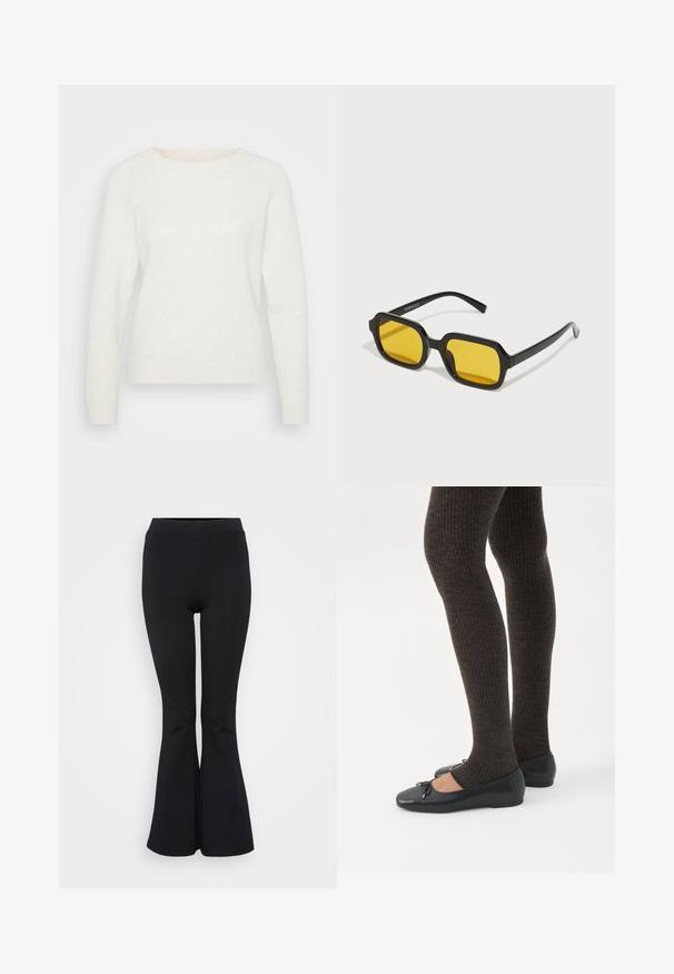 Suéter blanco de punto con mangas largas, escote redondo y bajo acanalado. Textura suave con una apariencia ligeramente difusa. Sin patrones visibles.; Leggings acampanados negros hechos de material elástico. Presentan una cinturilla alta y una textura suave. Terminan en un dobladillo acampanado.; Piernas con leggings oscuros acanalados combinados con bailarinas negras que presentan pequeños detalles de lazo sobre un fondo blanco.; Gafas de sol negras rectangulares con lentes amarillos. Presentan montura gruesa y un diseño angular con un acabado liso y brillante.
