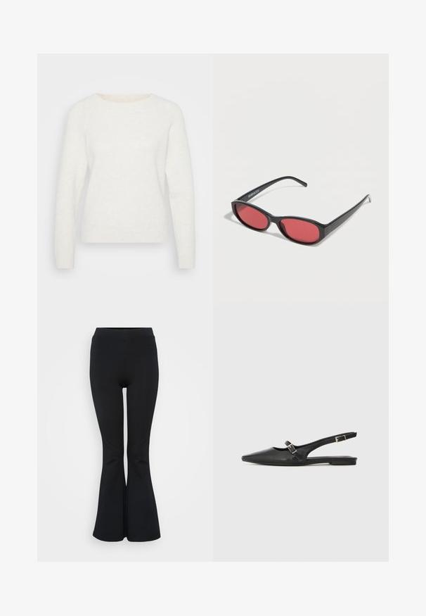 Suéter blanco de punto con mangas largas, escote redondo y bajo acanalado. Textura suave con una apariencia ligeramente difusa. Sin patrones visibles.; Leggings acampanados negros hechos de material elástico. Presentan una cinturilla alta y una textura suave. Terminan en un dobladillo acampanado.; Zapatos slingback de cuero negro con punta afilada, que cuentan con una correa estrecha y un detalle de hebilla plateada en el lateral. Suela plana.; Gafas de sol ovaladas negras con varillas delgadas y lentes tintados de rojo descansando sobre una superficie blanca.