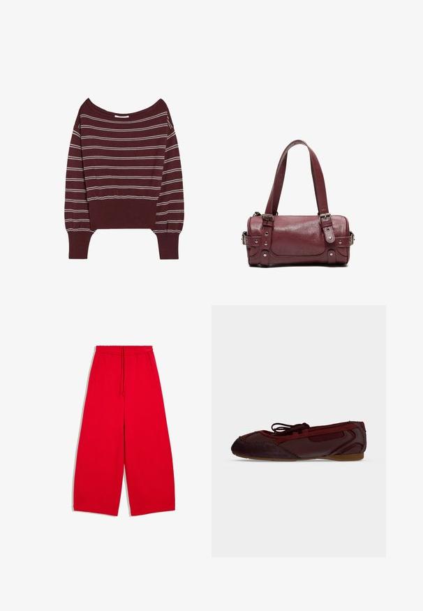 Pull bordeaux à manches longues avec un large col et de fines rayures blanches horizontales sur le corps et les manches.; Pantalon large rouge vif avec taille élastique et cordon de serrage, avec poches latérales et ourlet droit.; Chaussure ballerine rouge foncé avec des panneaux en suède et cuir, un nœud sur le dessus et une semelle plate basse.; Petit sac à main cylindrique en cuir marron rouge avec double bandoulière et détails de boucles sur les côtés et à l'avant.