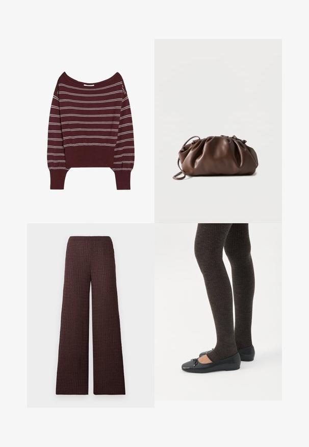 Pull bordeaux à manches longues avec un large col et de fines rayures blanches horizontales sur le corps et les manches.; Pantalon marron à jambes larges avec une ceinture élastique, conçu dans un tissu froissé et de longueur complète.; Jambes portant des leggings côtelés foncés associés à des ballerines noires avec de petits détails en nœud sur fond blanc.; Sacoche en cuir marron doux avec un haut froncé et une fine bandoulière, posée sur un fond blanc.