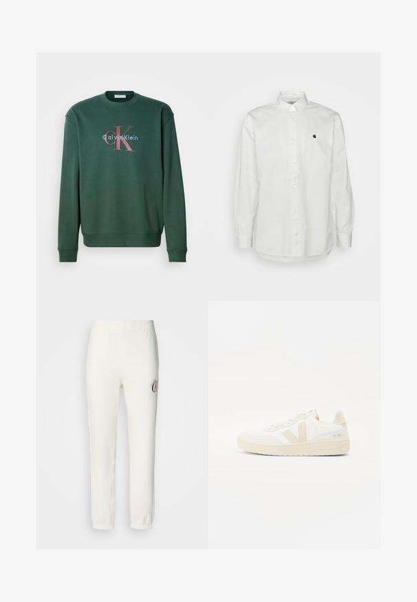 Sudadera verde con cuello redondo, mangas largas y un estampado gráfico que muestra "Calvin Klein" y el prominente logo "CK" en colores contrastantes.; Camisa blanca de manga larga con botones, hecha de algodón, que cuenta con un pequeño logo negro en el lado izquierdo del pecho y un cuello clásico con acentos de botones.; Pantalones de chándal blancos con cinturilla elástica y puños en los tobillos. Presenta un pequeño logo marrón en el muslo izquierdo. Textura de tela suave y lisa.; Zapatilla blanca con acentos beige, que presenta un upper texturizado, punta redonda y suela de goma gruesa. El diseño incluye el icónico logo V y marcas.