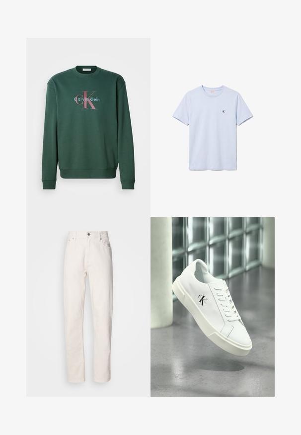 Zelená mikina so širokým výstrihom, dlhými rukávmi a grafickým potlačou s nápisom "Calvin Klein" a výrazným logom "CK" v kontrastných farbách.; Jednofarebné svetlomodré tričko s krátkym rukávom a okrúhlym výstrihom s malým čiernym logom "cK" na ľavej strane hrude.; Rovné biele džínsy z denimu s gombíkovým a zipsovým zapínaním, pútka na opasok a predné a zadné vrecká, zobrazené na jednoduchom pozadí.; Biela teniska Calvin Klein so šnúrkami, zobrazená vznášajúca sa nad leštenou betónovou podlahou a stenou z sklenených blokov.