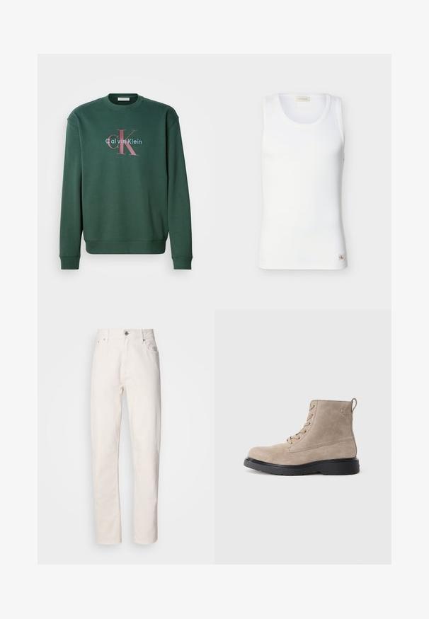 Zelená mikina so širokým výstrihom, dlhými rukávmi a grafickým potlačou s nápisom "Calvin Klein" a výrazným logom "CK" v kontrastných farbách.; Biely rebrovaný tielko bez rukávov s okrúhlym výstrihom a malou značkou Calvin Klein blízko lemu na jednofarebnom pozadí.; Rovné biele džínsy z denimu s gombíkovým a zipsovým zapínaním, pútka na opasok a predné a zadné vrecká, zobrazené na jednoduchom pozadí.; Béžové semišové členkové topánky s čiernou gumovou podrážkou, zaviazaním, malým embosovaným logom na boku a so stahovacím pásikom na zadnej strane.
