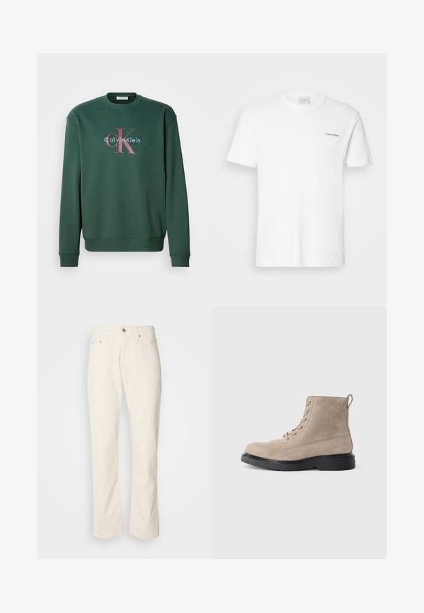 Grüner Sweatshirt mit Rundhalsausschnitt, langen Ärmeln und einem Grafikdruck mit "Calvin Klein" und prominentem "CK"-Logo in kontrastierenden Farben.; Weißes Baumwoll-T-Shirt mit kurzen Ärmeln und Rundhalsausschnitt. Mit einem kleinen schwarzen "Calvin Klein"-Logo auf der linken Brust.; Beige Baumwolljeans mit klassischem geradem Bein, ausgestattet mit einem Frontknopfverschluss, fünf Taschen und dezenten Nähdetails.; Beige Wildleder-Ankle Boots mit schwarzer Gummisohle, Schnürdesign und kleinem, seitlich eingeprägtem Logo, ausgestattet mit einer Zuglasche am Hinterkopf.