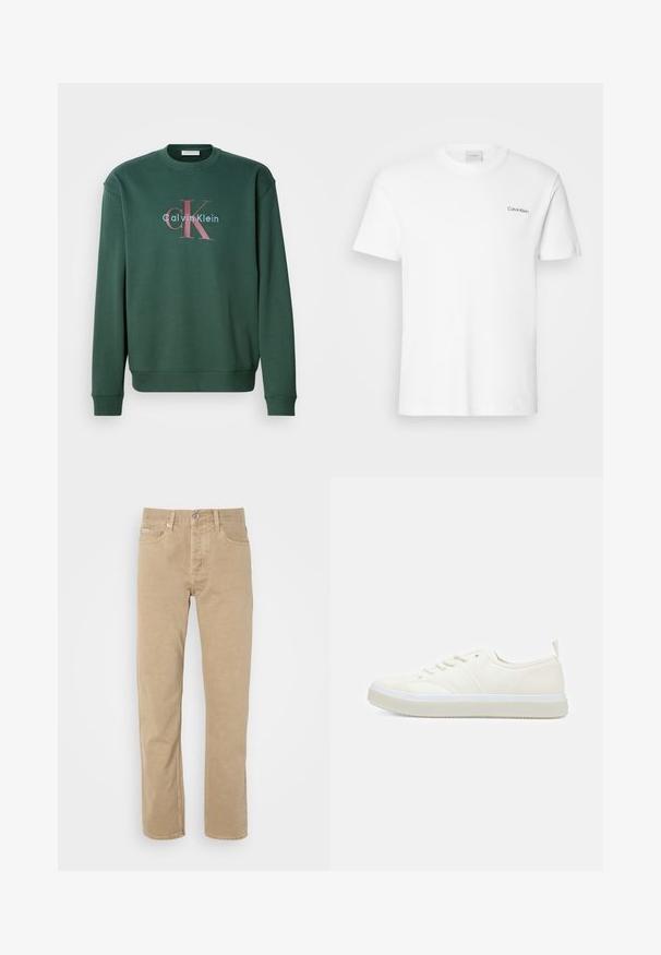 Sudadera verde con cuello redondo, mangas largas y un estampado gráfico que muestra "Calvin Klein" y el prominente logo "CK" en colores contrastantes.; Camiseta de algodón blanca con mangas cortas y un escote en forma de cuello redondo. Presenta un pequeño logotipo negro de "Calvin Klein" en el lado izquierdo del pecho.; Pantalones de algodón beige con un diseño de pierna recta, que cuentan con bolsillos frontales, cierre de botón y detalles de costura sutiles a lo largo de las costuras.; Calvin Klein TOP LACE UP UNIFIT - Zapatillas - salt bay