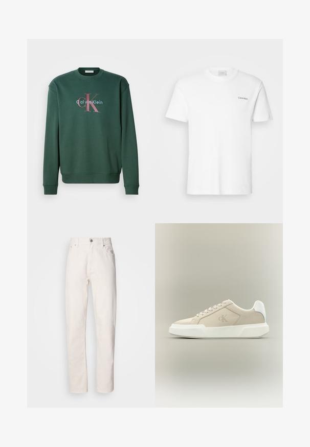 Grøn sweatshirt med rund hals, lange ærmer og et grafisk print med "Calvin Klein" og det fremtrædende "CK" logo i kontrasterende farver.; Hvid bomulds T-shirt med korte ærmer og rund halsudskæring. Har et lille sort "Calvin Klein" logo på venstre bryst.; Hvide denim jeans med lige ben, med knap- og lynlåslukning, bæltestropper samt for- og baglommer, præsenteret på en ensfarvet baggrund.; Beige lavtopsneaker med tyk hvid sål, snørebånd, hvid hælkappe og diskret CK-logo på sidepanelet.