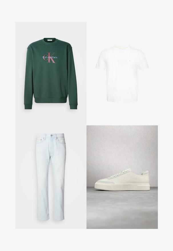 Grøn sweatshirt med rund hals, lange ærmer og et grafisk print med "Calvin Klein" og det fremtrædende "CK" logo i kontrasterende farver.; Hvid T-shirt med korte ærmer og rund hals med lille broderet "ck" logo på venstre bryst.; Lyseblå denimjeans med lige ben. Har en knaplukning og bæltestropper, viser en falmet tekstur og minimal syning.; Hvid lav sneaker med tyk sål, præget logo på siden og snørebånd, vist i et moderne, reflekterende indendørsmiljø.