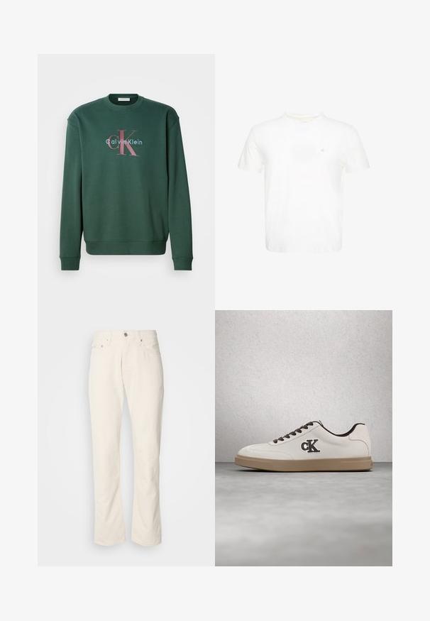 Groene sweatshirt met een ronde hals, lange mouwen en een grafische print met "Calvin Klein" en een opvallend "CK"-logo in contrasterende kleuren.; Witte T-shirt met korte mouwen en ronde hals met klein geborduurd "ck"-logo op de linkerborst.; Beige katoenen jeans met een klassiek recht model, met een knoopsluiting aan de voorkant, vijf zakken en subtiele stikdetails.; Witte sneaker met bruine accenten, suède materiaal, platte veters en een rubberen zool. Heeft een logo aan de zijkant en een gladde textuur.