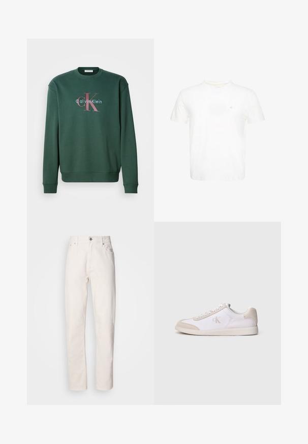 Zelená mikina so širokým výstrihom, dlhými rukávmi a grafickým potlačou s nápisom "Calvin Klein" a výrazným logom "CK" v kontrastných farbách.; Biele tričko s krátkym rukávom a okrúhlym výstrihom s malým vyšívaným logom "ck" na ľavej strane hrudníka.; Rovné biele džínsy z denimu s gombíkovým a zipsovým zapínaním, pútka na opasok a predné a zadné vrecká, zobrazené na jednoduchom pozadí.; Biela a béžová nízka teniska so šnurovaním vpredu, semišovými akcentmi a logom "cK" na boku, zobrazená v profile na jednoduchom pozadí.