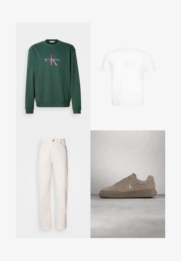 Grøn sweatshirt med rund hals, lange ærmer og et grafisk print med "Calvin Klein" og det fremtrædende "CK" logo i kontrasterende farver.; Hvid T-shirt med korte ærmer og rund hals med lille broderet "ck" logo på venstre bryst.; Hvide denim jeans med lige ben, med knap- og lynlåslukning, bæltestropper samt for- og baglommer, præsenteret på en ensfarvet baggrund.; Beige ruskind sneakers med snørebånd og "ck" logo, vist svævende over poleret beton gulv med glasblokvæg i baggrunden.