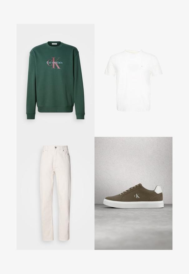 Grüner Sweatshirt mit Rundhalsausschnitt, langen Ärmeln und einem Grafikdruck mit "Calvin Klein" und prominentem "CK"-Logo in kontrastierenden Farben.; Weißes T-Shirt mit kurzen Ärmeln und Rundhalsausschnitt mit kleinem gesticktem "ck" Logo auf der linken Brust.; Weiße Denim-Jeans mit geradem Bein, Knopf- und Reißverschluss, Gürtelschlaufen sowie Vorder- und Hintertaschen, auf einfarbigem Hintergrund gezeigt.; Brauner Calvin Klein Sneaker mit weißer Sohle und Schnürsenkeln, präsentiert vor einer Wand aus Glasbausteinen und einem Betonboden.