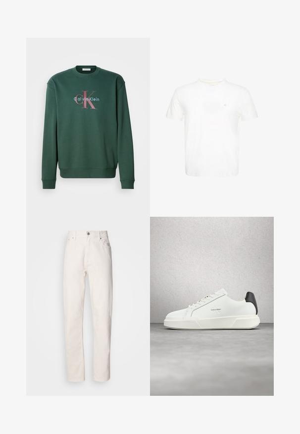 Grüner Sweatshirt mit Rundhalsausschnitt, langen Ärmeln und einem Grafikdruck mit "Calvin Klein" und prominentem "CK"-Logo in kontrastierenden Farben.; Weißes T-Shirt mit kurzen Ärmeln und Rundhalsausschnitt mit kleinem gesticktem "ck" Logo auf der linken Brust.; Weiße Denim-Jeans mit geradem Bein, Knopf- und Reißverschluss, Gürtelschlaufen sowie Vorder- und Hintertaschen, auf einfarbigem Hintergrund gezeigt.; Weiße Sneaker mit glattem Lederobermaterial, flachen Schnürsenkeln und erhöhter weißer Sohle. Verfügen über einen schwarzen Akzent an der Ferse und ein geprägtes Logo.