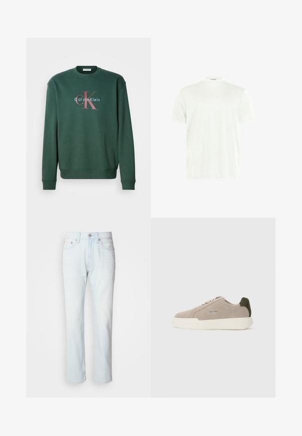 Groene sweatshirt met een ronde hals, lange mouwen en een grafische print met "Calvin Klein" en een opvallend "CK"-logo in contrasterende kleuren.; Witte T-shirt met ronde hals gemaakt van zachte stof. Korte mouwen, zonder patronen. Eenvoudig ontwerp met een rechte zoom en minimale details.; Lichtblauwe denim jeans met een rechte pijp. Voorzien van een knoopsluiting en riemlussen, met een vervaagde textuur en minimale stiksels.; Beige suède sneakers met een witte rubberen zool, voorzien van een donkergroene hielaccent en subtiele branding aan de zijkant.