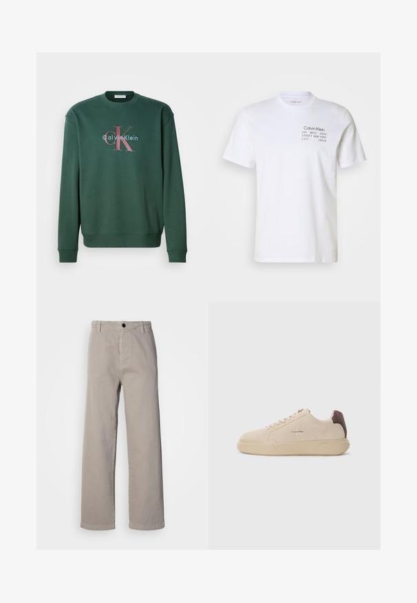 Sudadera verde con cuello redondo, mangas largas y un estampado gráfico que muestra "Calvin Klein" y el prominente logo "CK" en colores contrastantes.; Camiseta de algodón blanca con mangas cortas, cuello redondo y texto impreso: "Calvin Klein 205 WEST 39TH STREET NEW YORK CITY 10018."; Pantalones de pierna ancha de color beige, hechos de suave algodón, con cierre de botones y trabillas para cinturón. Textura suave con un diseño limpio y minimalista.; Zapatilla de ante beige con punta redondeada, cordones en la parte frontal y un acento de ante marrón en el talón. Cuenta con una suela de goma texturizada.