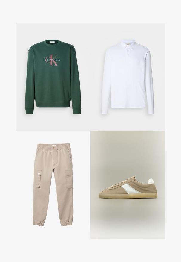 Roheline reklaamiga dressipluus, millel on ümar kaelus, pikad varrukad ja graafiline trükk "Calvin Klein" ja silmatorkav "CK" logo kontrastsetes värvides.; Pika pika valge polosärk pikade varrukatega, mis on valmistatud pehmest kangast. Särk sisaldab klassikalist kraed, kolme nupuga esitust ja rinnal diskreetset logo.; Beežid püksid elastse vöökoha ja mansettidega, nööpidega kinnituv, küljetaskud ja klappidega taskud mõlemal reiel. Vasaku taskuklapi peal väike logo.; Helepruun seemisnahast toss beežide tallaga, valge kandmepöidla, valge küljeribaga ja paeltega kinnitusega neutraalsel taustal.