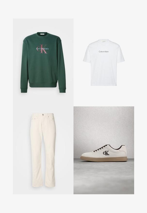 Sudadera verde con cuello redondo, mangas largas y un estampado gráfico que muestra "Calvin Klein" y el prominente logo "CK" en colores contrastantes.; Camiseta blanca de algodón con mangas cortas. Presenta un cuello redondo y un logo impreso de "Calvin Klein" en gris en el pecho.; Jeans de algodón color beige con un diseño clásico de pierna recta, que cuentan con un cierre frontal de botón, cinco bolsillos y detalles de costura sutiles.; Zapatilla blanca con detalles en marrón, material de ante, cordones planos y suela de goma. Presenta un logotipo en el lateral y una textura lisa.