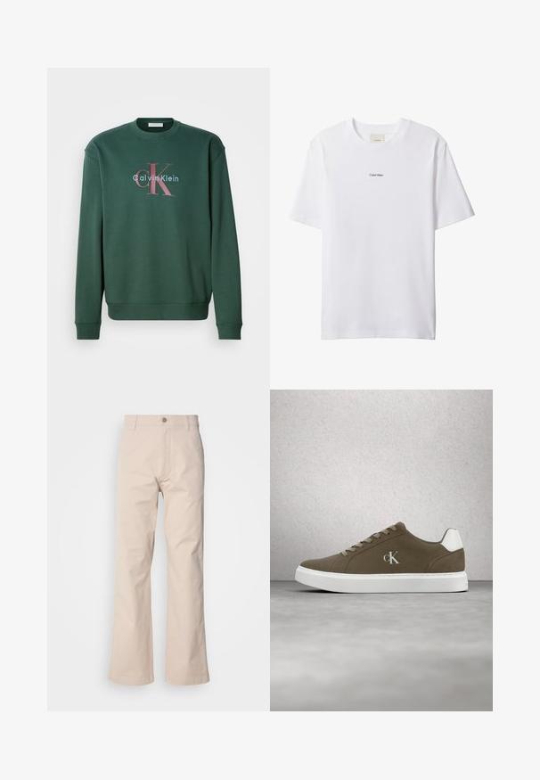 Grüner Sweatshirt mit Rundhalsausschnitt, langen Ärmeln und einem Grafikdruck mit "Calvin Klein" und prominentem "CK"-Logo in kontrastierenden Farben.; Weißes Baumwoll-T-Shirt mit Rundhalsausschnitt und kurzen Ärmeln. Auf der Brust zentriert befindet sich ein kleines schwarzes "Calvin Klein"-Logo.; Beige Baumwollhosen mit geradem Beinschnitt, ausgestattet mit einem Knopfverschluss, vorderen Taschen und minimaler Stichdetails.; Brauner Calvin Klein Sneaker mit weißer Sohle und Schnürsenkeln, präsentiert vor einer Wand aus Glasbausteinen und einem Betonboden.