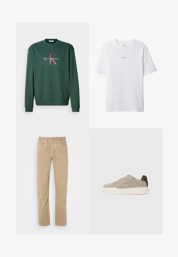 Grüner Sweatshirt mit Rundhalsausschnitt, langen Ärmeln und einem Grafikdruck mit "Calvin Klein" und prominentem "CK"-Logo in kontrastierenden Farben.; Weißes Baumwoll-T-Shirt mit Rundhalsausschnitt und kurzen Ärmeln. Auf der Brust zentriert befindet sich ein kleines schwarzes "Calvin Klein"-Logo.; Beige Baumwollhose mit geradem Bein, ausgestattet mit Fronttaschen, einem Knopfverschluss und dezenten Nähten entlang der Säume.; Beige Wildledersneaker mit einer weißen Gummisohle, die einen dunkelgrünen Akzent an der Ferse und dezente Markenaufschrift an der Seite aufweisen.