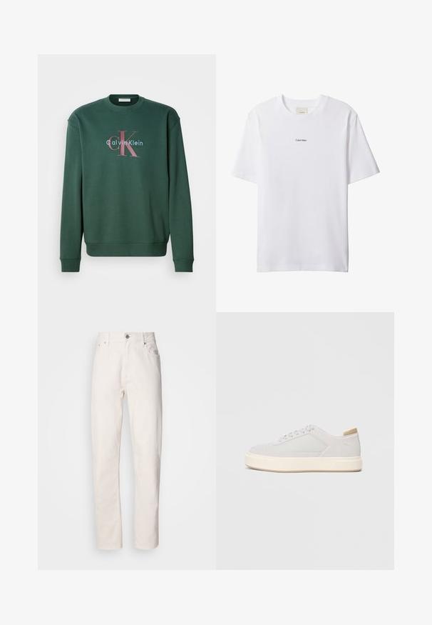 Grüner Sweatshirt mit Rundhalsausschnitt, langen Ärmeln und einem Grafikdruck mit "Calvin Klein" und prominentem "CK"-Logo in kontrastierenden Farben.; Weißes Baumwoll-T-Shirt mit Rundhalsausschnitt und kurzen Ärmeln. Auf der Brust zentriert befindet sich ein kleines schwarzes "Calvin Klein"-Logo.; Weiße Denim-Jeans mit geradem Bein, Knopf- und Reißverschluss, Gürtelschlaufen sowie Vorder- und Hintertaschen, auf einfarbigem Hintergrund gezeigt.; Hellgraue Sneaker mit einer glatten Synthetik-Oberfläche, runder Spitze und einer strukturierten cremefarbenen Zwischensohle. Helle tanfarbene Akzente an der Ferse.