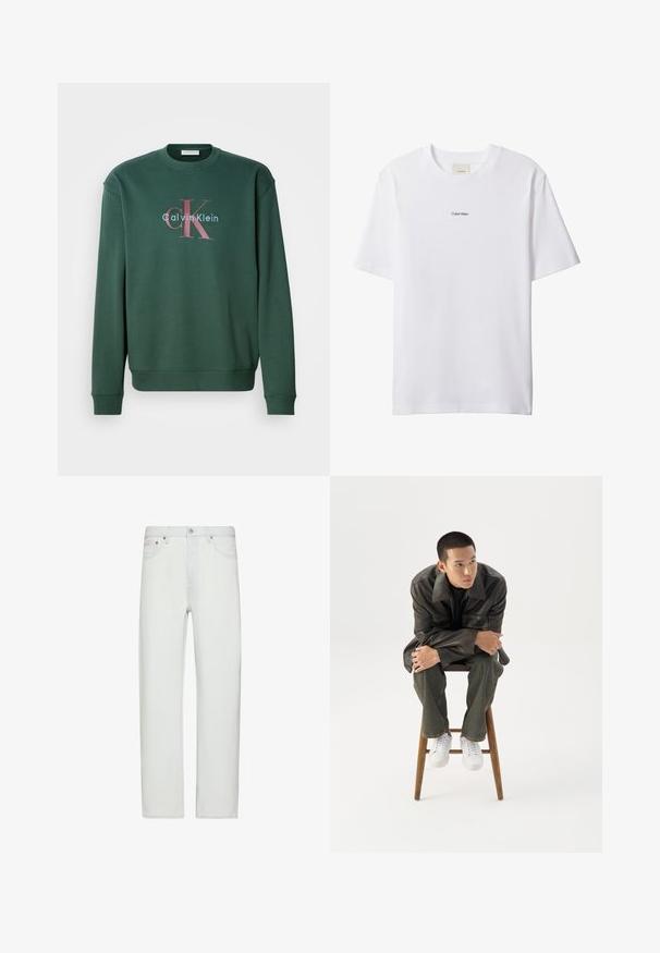 Zelená mikina so širokým výstrihom, dlhými rukávmi a grafickým potlačou s nápisom "Calvin Klein" a výrazným logom "CK" v kontrastných farbách.; Biele bavlnené tričko s okrúhlym výstrihom a krátkymi rukávmi. Na hrudi uprostred je malý čierny nápis "Calvin Klein".; Biele džínsy s vysokým pásom a rovným strihom, so zapínaním na predné gombíky a zips, pútkami na opasok a prednými vreckami.; Mladý muž v tmavej koženej bunde a džínsach sedí na drevenej stoličke, nakláňa sa dopredu so založenými rukami a pozerá sa do strany na bielom pozadí.