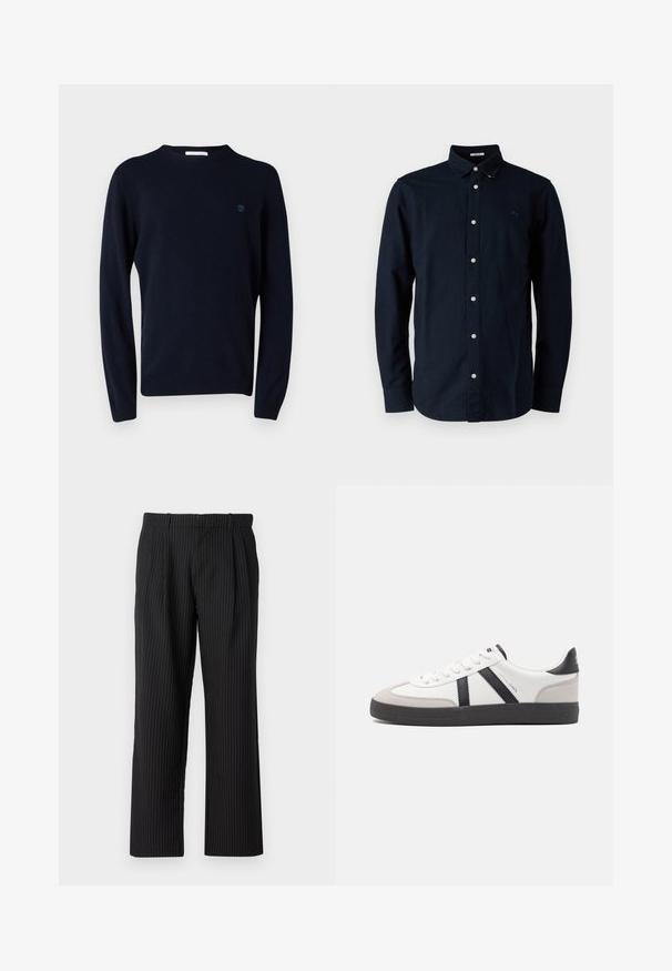 Marineblauw gebreid sweater met lange mouwen, ronde halslijn en een klein logo op de borst. Glad textuur en aansluitend ontwerp.; Marineblauwe button-up shirt van katoen, met een klassieke kraag, lange mouwen en een klein geborduurd logo op de borst.; Jack & Jones Classic Wide Leg Fit - Broek - black; Witte sneaker met zwarte en grijze accenten, voorzien van een grijze neus met textuur, zwarte rubberen zool en platte witte veters. Schoon ontwerp, minimalistische stijl.