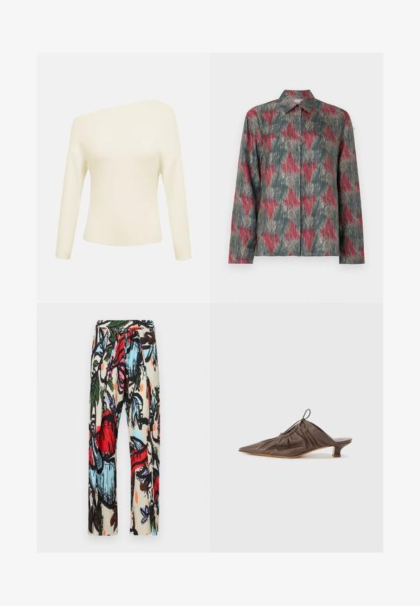 Pull en maille côtelée crème à épaules dénudées avec manches longues et taille ajustée, présenté sur un fond uni.; Chemise à boutons à motifs mélangeant rouge, vert et gris ; col pointu et manches longues avec un tissu texturé.; Pantalon à imprimé floral avec un fond crème, des couleurs vives rouge, bleu et vert, une texture plissée et une taille ajustable avec cordon.; Mule en cuir marron avec un bout pointu, texture froncée, petit talon et un accent de cordon de serrage à l'ouverture. Fini lisse.