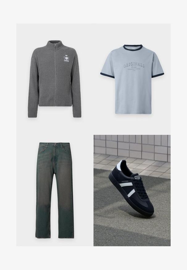 Pull gris en maille côtelée avec fermeture éclair, col montant et logo écusson brodé sur le côté gauche de la poitrine.; T-shirt en coton bleu clair avec col et manches côtelés bleu marine. Présente un texte en relief "ORIGINALS" et "CONTEMPORARY AESTHETICS" dans un design subtil.; Jean en denim vert foncé avec une coupe droite, doté d'un design classique à cinq poches et de coutures contrastantes le long des coutures.; Sneaker en cuir noir avec des rayures blanches, semelle en caoutchouc texturée et devant à lacets. Présente une étiquette de marque sur la languette.