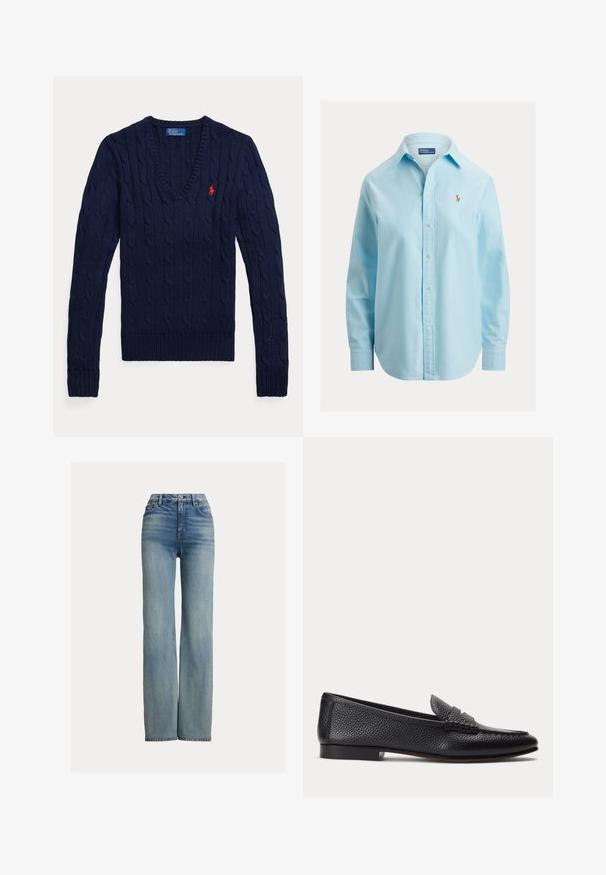 Navyblå kabelstrikket V-hals sweater med lange ærmer og et lille rødt broderet Polo-logo på venstre bryst.; Lyseblå skjorte med lange ærmer, knapper foran, klassisk krave og lille broderet logo på venstre bryst.; Højtaljede, lige ben blå jeans med forlommer, bæltestropper og knaplukning, der har subtile slidte detaljer.; Sort tekstureret læderloafer med lav hæl og klassisk penny-stropdetalje, vist i profil mod en ensfarvet lys baggrund.