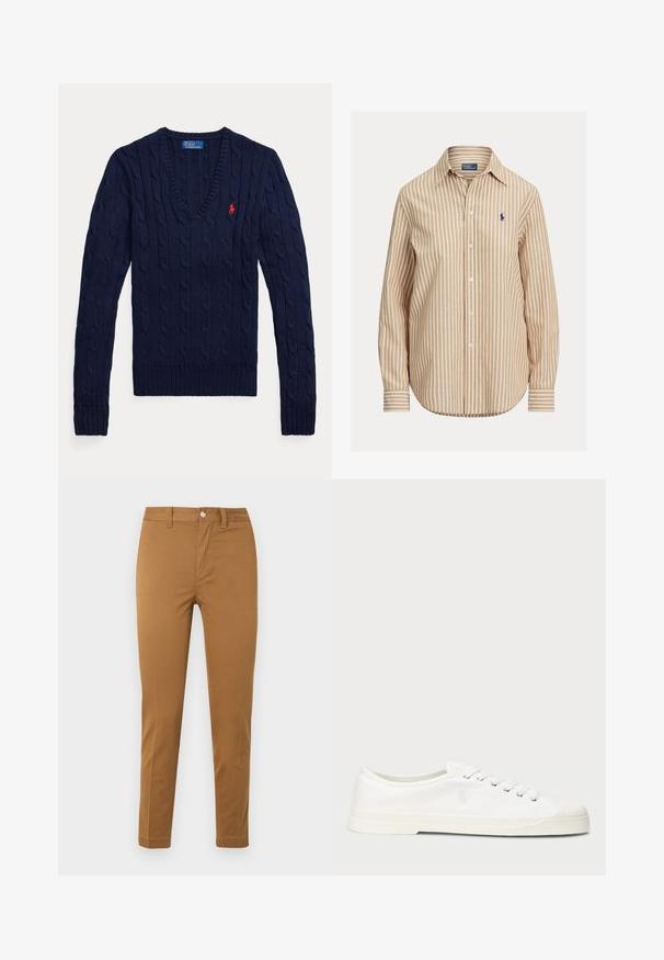 Marineblauer, kabelgestrickter V-Ausschnitt-Pullover mit langen Ärmeln und kleinem roten Polo-Sticklogo auf der linken Brust.; Gestreiftes Hemd mit Knöpfen, Muster in Khaki und Weiß, lange Ärmel, spitzer Kragen und kleinem Logo auf der linken Brust. Baumwollstoff.; Gerade geschnittene Khakihose mit Vordertaschen, Gürtelschlaufen und Knopfverschluss, flach auf weißem Hintergrund präsentiert.; Weiße Leinensneaker mit runder Zehenpartie, Schnürverschluss und dezentem Logodetail. Verfügt über ein strukturiertes Gewebe und eine Gummisohle.