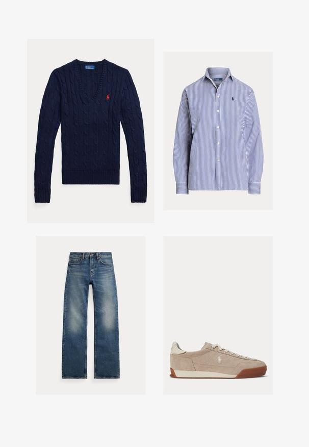 Jersey azul marino de punto con trenzas y cuello en V, de manga larga y con un pequeño logo Polo rojo bordado en el pecho izquierdo.; Camisa de manga larga con botones, de rayas verticales azules y blancas, con cuello y pequeño logo bordado en el pecho izquierdo.; Vaqueros rectos azules con zonas descoloridas en los muslos, diseño de cinco bolsillos y cierre de botones, colocados planos sobre un fondo blanco.; Zapatilla baja de ante beige con cordones blancos, logo blanco en el lateral y suela de goma marrón.