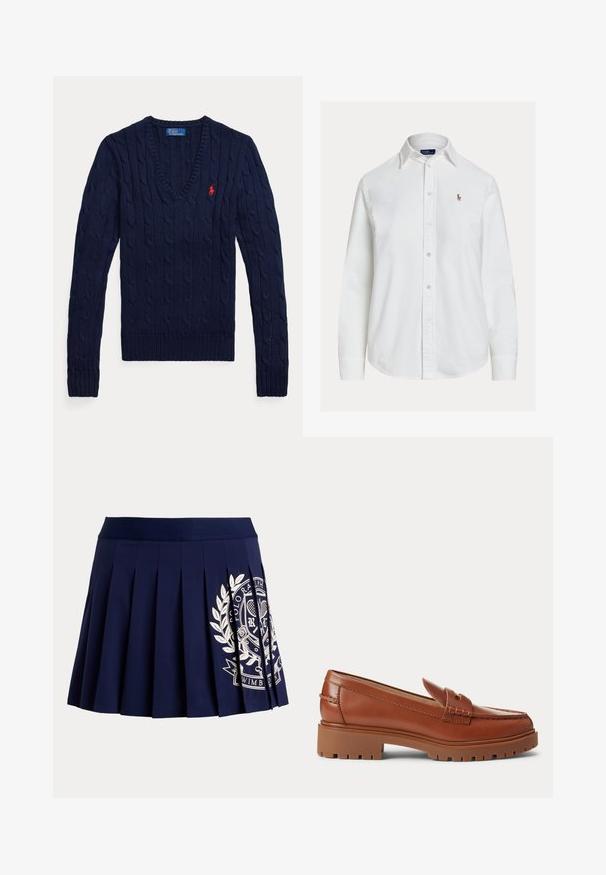 Navyblå kabelstrikket V-hals sweater med lange ærmer og et lille rødt broderet Polo-logo på venstre bryst.; Hvid langærmet skjorte med knapper og krave samt lille broderet logo på venstre bryst, vist på ensfarvet baggrund.; Marineblå plisseret nederdel med bred linning og hvid tennisinspireret logo på nederste højre side.; Brune læder loafers med kraftig gummisål og lav hæl, med en syning detalje over toppen.